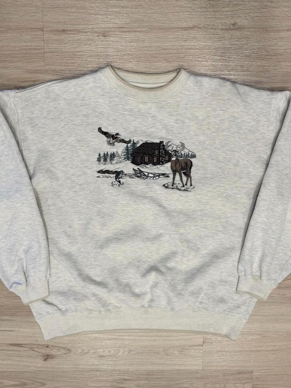 Vintage 90s Croft & Barrow Sport Embroidered Deer Nature Sweatshirt Heather Gray